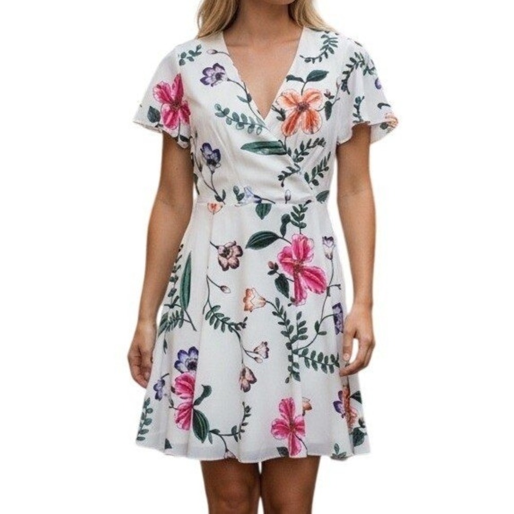 EXPRESS Floral Wrap V-Neck Fit and Flare Flutter Sleeve Mini Dress NWT 00